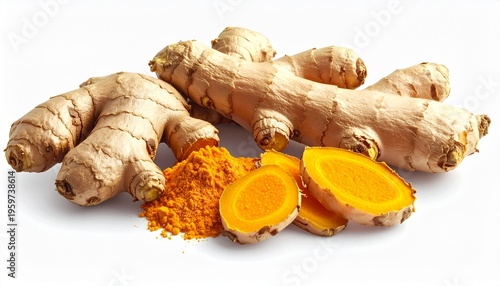 Fresh Turmeric Roots and Powder Display.