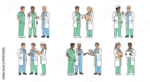 Medical professionals in various conversations.