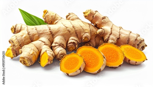 Fresh Turmeric Roots and Sliced Rhizomes.