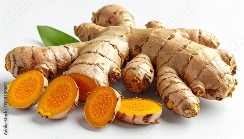 Fresh Turmeric Roots with Sliced Pieces.