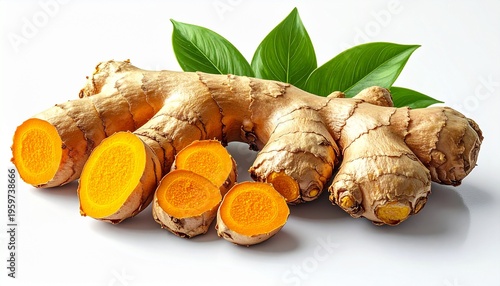 Fresh Turmeric Roots with Leaves Cut Open.