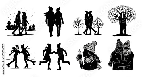 Heartwarming collection of winter silhouettes illustrating couples in love, engaging in cozy seasonal activities, and embracing nature's beauty with warmth and connection
