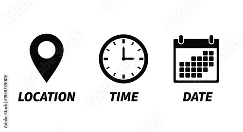 Essential black and white graphic icons indicating where an event is located, the precise time it will happen, and the specific date it is scheduled for planning and general information display