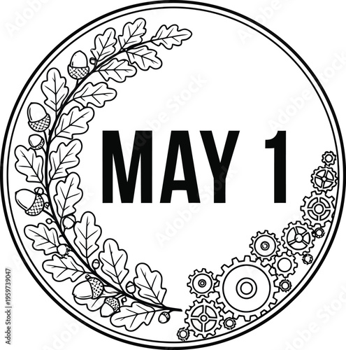 May Day logo with oak leaves and mechanical gears in a circle design