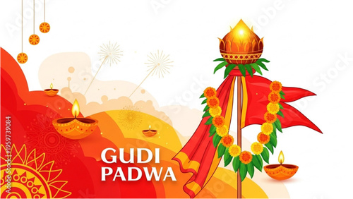A vibrant illustration celebrates Gudi Padwa with traditional decorations and festive lights.