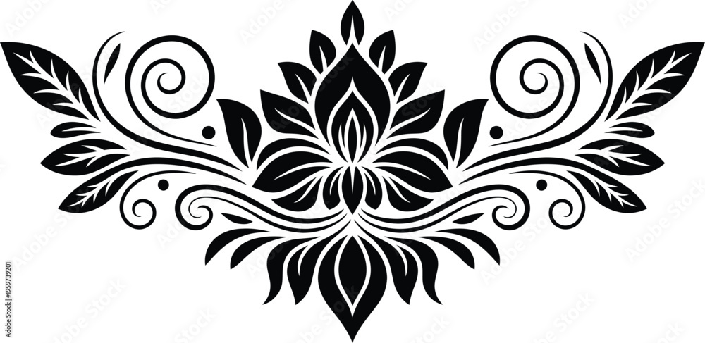 Fototapeta premium Symmetrical Ornamental Lotus Flower Vector with Elegant Swirling Vines and Decorative Leaf Motifs for Tattoo, Graphic Design, and Architectural Embellishment