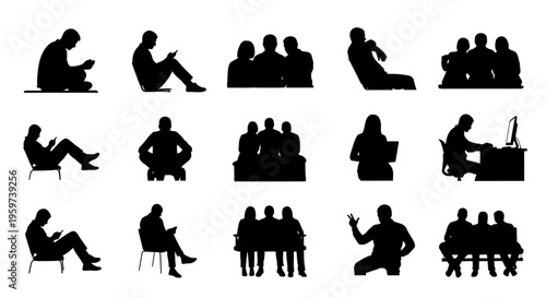 Diverse Collection of Human Silhouettes Illustrating Various Daily Activities and Social Interactions in Modern Urban Settings