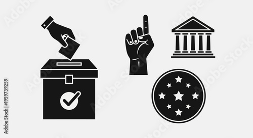 Collection of election and government icons, including a ballot box, a voting hand, a courthouse, and a star emblem, representing democracy and civic participation