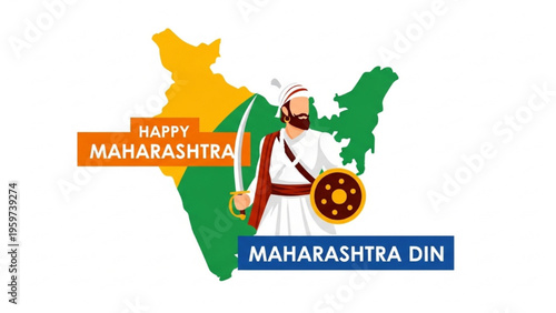Shivaji Maharaj standing proudly with sword on Maharashtra map background