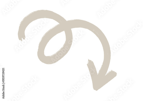 Hand-drawn spiral arrow doodle in beige isolated on transparent background. Textured brush stroke pointer for creative design and presentations