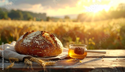 Freshly baked bread with honey on wooden table outdoors.