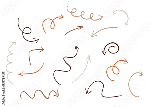 Hand-drawn doodle arrow set in earthy tones isolated on transparent background. Creative collection of curved and spiral pointers for design.