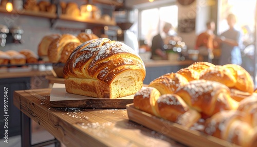Freshly Baked Croissants in Bakery Display.