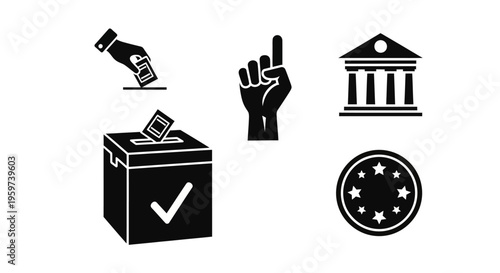 Comprehensive set of vector icons symbolizing the democratic process, government institutions, citizen participation, and the act of voting in elections
