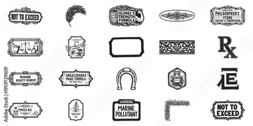 Vintage apothecary labels and emblems with ornate borders and illustrations