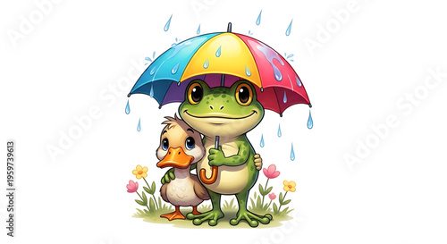 A colorful illustration of a frog and duckling sharing a rainbow umbrella on a rainy day