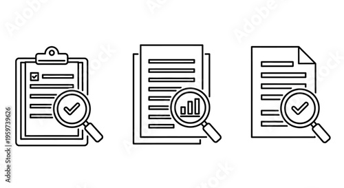 A set of three line icons representing documents, checklists, and reports with magnifying glasses for analysis and review