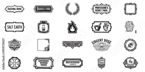 Old world pharmacy labels and medical warning emblems with intricate details