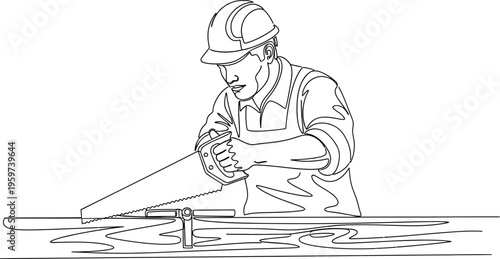 Man in hard hat using a handsaw to cut through a plank