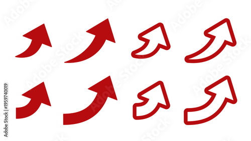 斜め上に伸びるシンプルな矢印のイラストセット　上昇　右肩上がり　向上　増加