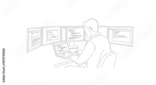 Man working on laptop and multiple computer monitors at a desk