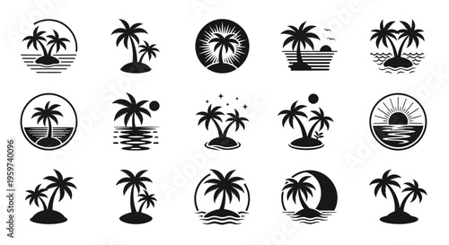 A versatile concept collection of vector illustrations depicting tropical palm trees on serene islands, suitable for elegant logo designs and beach-themed branding