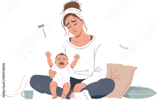 Tired mother holding crying baby flat vector illustration exhausted parenting moment with infant stress fatigue and childcare concept isolated