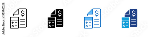 Invoice Calculation Multiple Style Icon Design Vector - Invoice document with calculator representing billing calculation, expense management, and financial processing