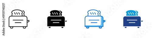 Toaster Multiple Style Icon Design Vector - Toaster with bread slices representing breakfast preparation, kitchen appliance, and food heating