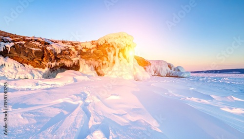 Frozen Beach Landscape with Snowy Cliffs and Sunset.