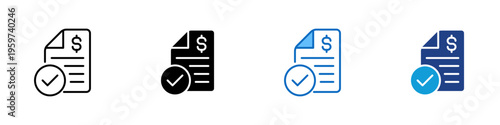 Approved Invoice Multiple Style Icon Design Vector - Invoice document with check mark representing payment approval, financial validation, and transaction confirmation