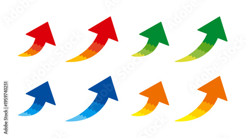 斜め上に伸びるカラフルな矢印のイラストセット　上昇　右肩上がり　向上　増加　グラデーション