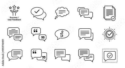 Set of communication and feedback icons, representing success, user satisfaction, discussion, and information exchange through visual symbols