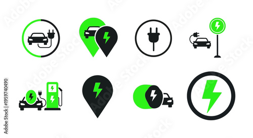 Electric vehicle charging station icons a collection of symbols representing sustainable transportation and alternative energy sources