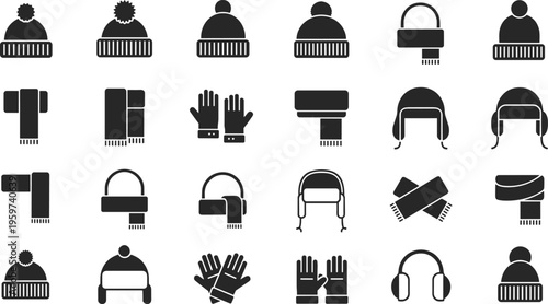Winter accessories icons set solid silhouette vector illustration collection of hats scarves gloves earmuffs and warm clothing symbols isolated