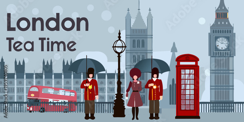 London illustration featuring guards big ben and red telephone box