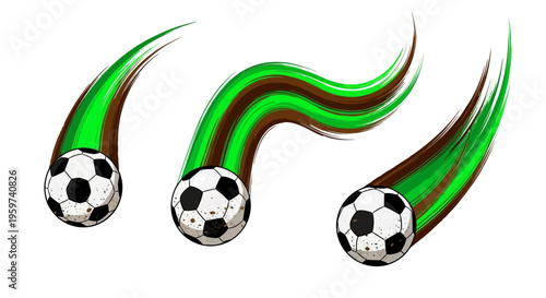 Dynamic illustrations of soccer balls flying through the air with vibrant green and brown speed trails, capturing the energetic essence of the game and athletic movement