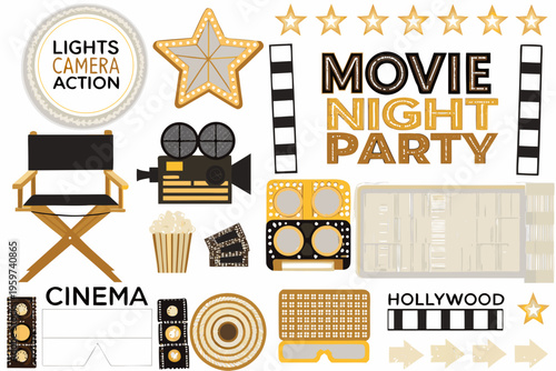 A collection of movie night themed illustrations on a white background