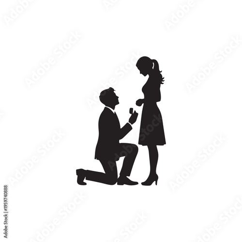 Man proposing to woman with ring on one knee silhouette