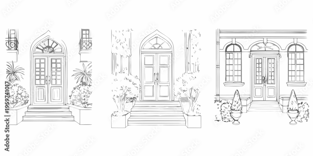 Obraz premium Sketch of three ornate doorways with foliage and architectural details