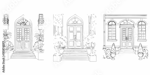 Sketch of three ornate doorways with foliage and architectural details
