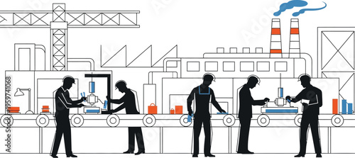 Workers in a factory setting operating machinery and handling products efficiently together