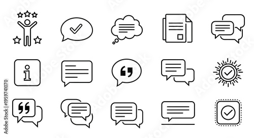 Essential minimalist line icons for feedback, communication, customer reviews, approval, and information, perfect for digital interfaces and business application design