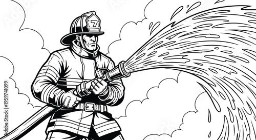 Firefighter in action spraying water from a hose to extinguish flames