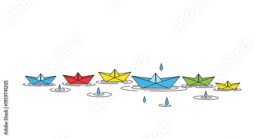 A colorful illustration of paper boats floating on water with raindrops