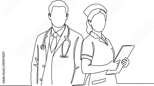 Doctor and nurse standing together in a medical setting with a tablet