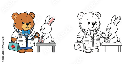 Cute Doctor Bear Examining Bunny Patient - Pediatric Veterinary Cartoon