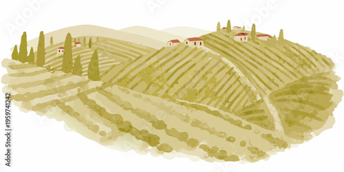 Watercolor painting of rolling hills with small houses and cypress trees