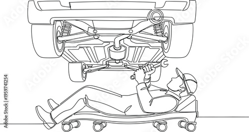 Mechanic repairing car underside with a wrench on a rolling platform