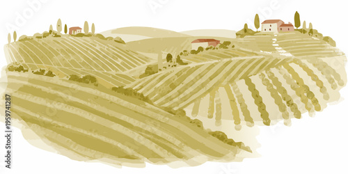 Watercolor painting of rolling hills farmhouses and cultivated fields